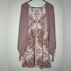 Free People Mauve & Cream Printed Long Sleeve Mini Dress